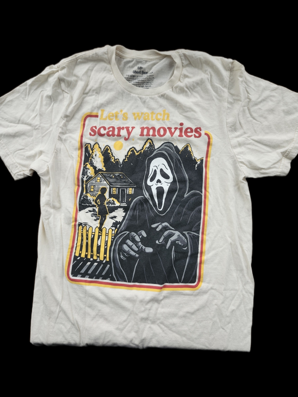 Let's Watch Scary Movies Graphic Tee - Cream with Black/Red/Yellow Print